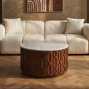 Torcino White Marble and Carved Mango Wood Coffee Table