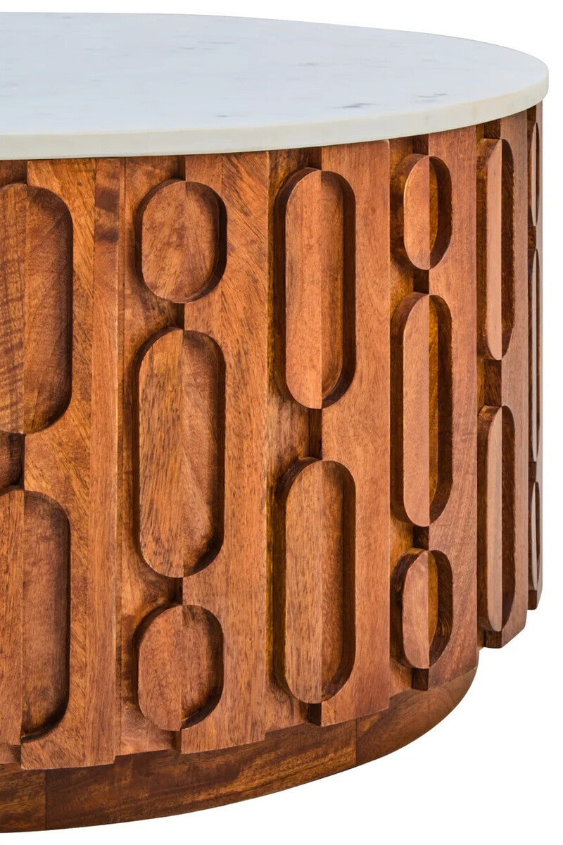 Torello Marble and Carved Mango Wood Round Coffee Table