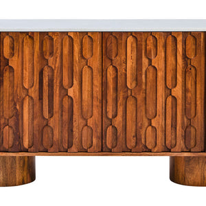 Torcino White Marble and Carved Mango Wood 2 Door Sideboard