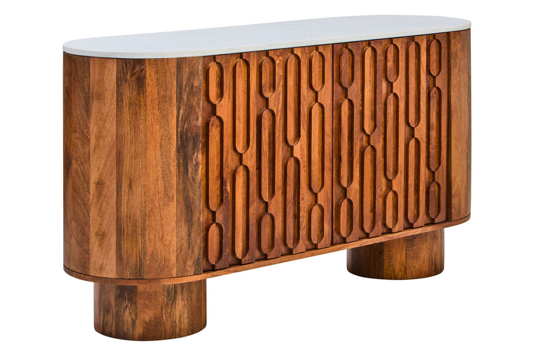 Marble and Carved Mango Wood Two Door Sideboard | Torello