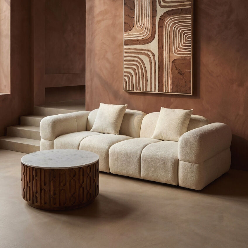 Large 3 Seater Cream Textured Fabric Sofa with Low Back, Anglet