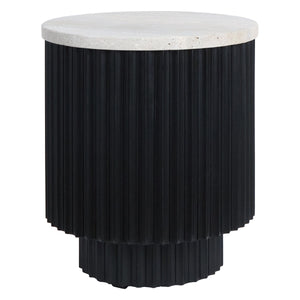 Small Travertine Top Black Ridge Mango Wood Base Side Table | Matros