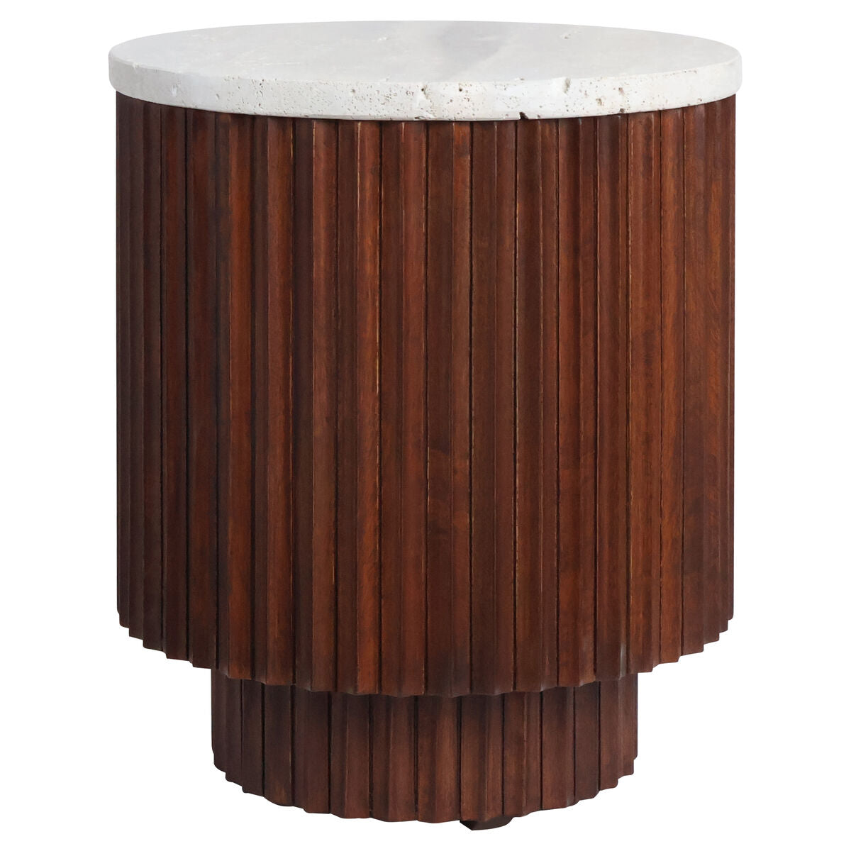 Small Travertine Top Brown Ridge Mango Wood Base Side Table | Matros