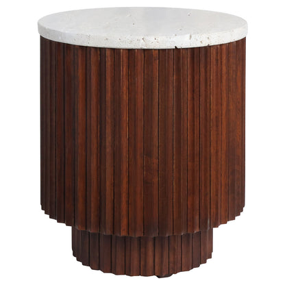 Small Travertine Top Brown Ridge Mango Wood Base Side Table | Matros
