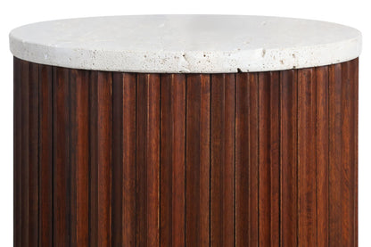 Small Travertine Top Brown Ridge Mango Wood Base Side Table | Matros