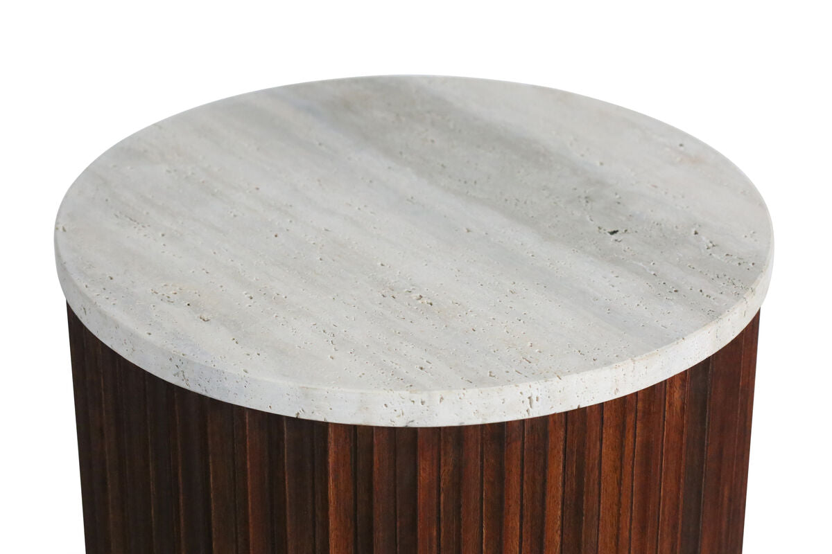 Small Travertine Top Brown Ridge Mango Wood Base Side Table | Matros