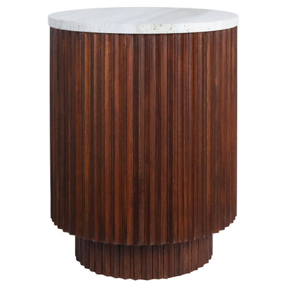 Large Travertine Top Brown Ridge Mango Wood Base Side Table | Matros