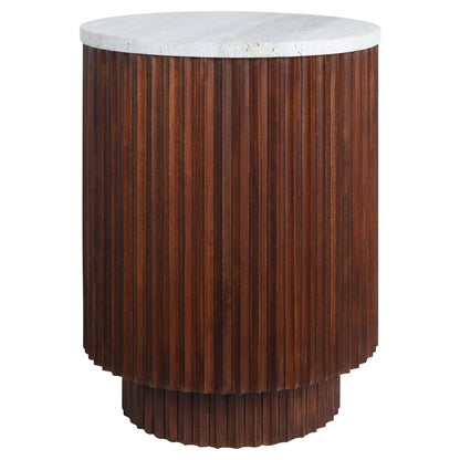 Large Travertine Top Brown Ridge Mango Wood Base Side Table | Matros