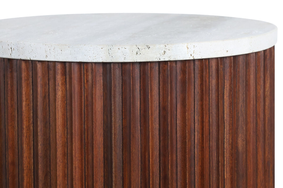 Large Travertine Top Brown Ridge Mango Wood Base Side Table | Matros