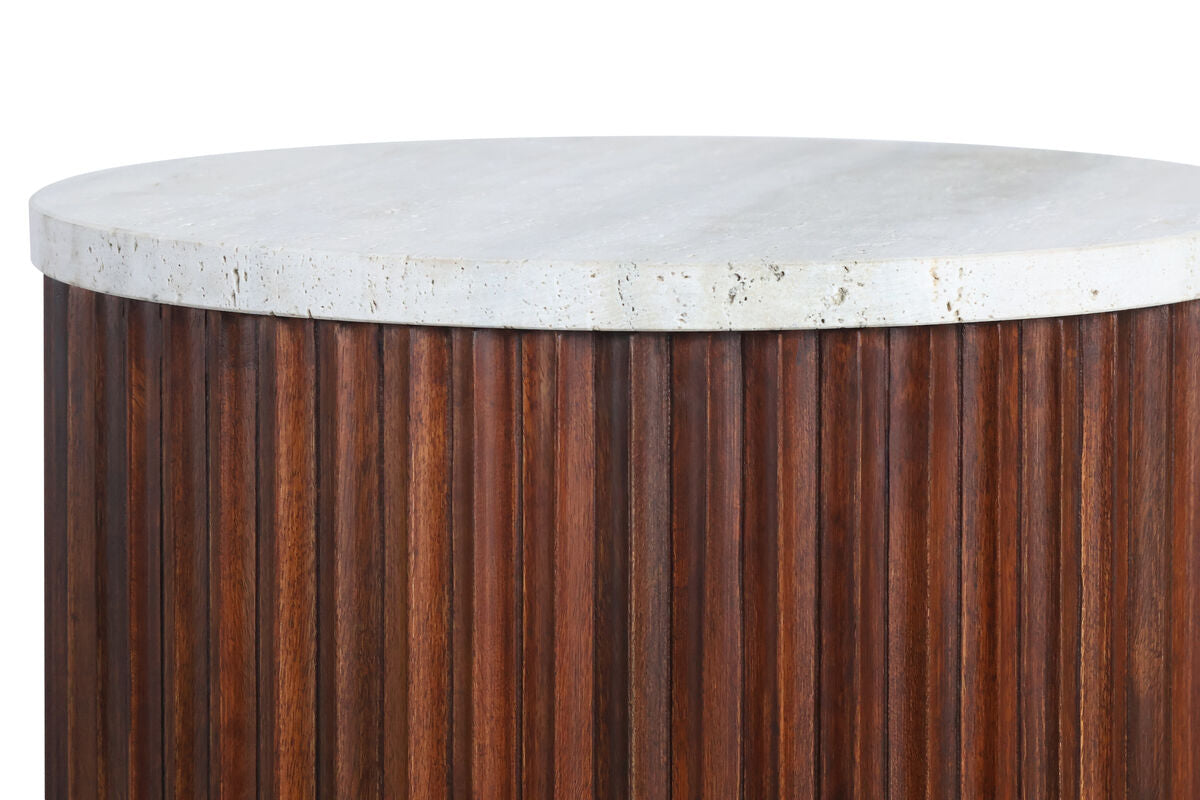 Large Travertine Top Brown Ridge Mango Wood Base Side Table | Matros