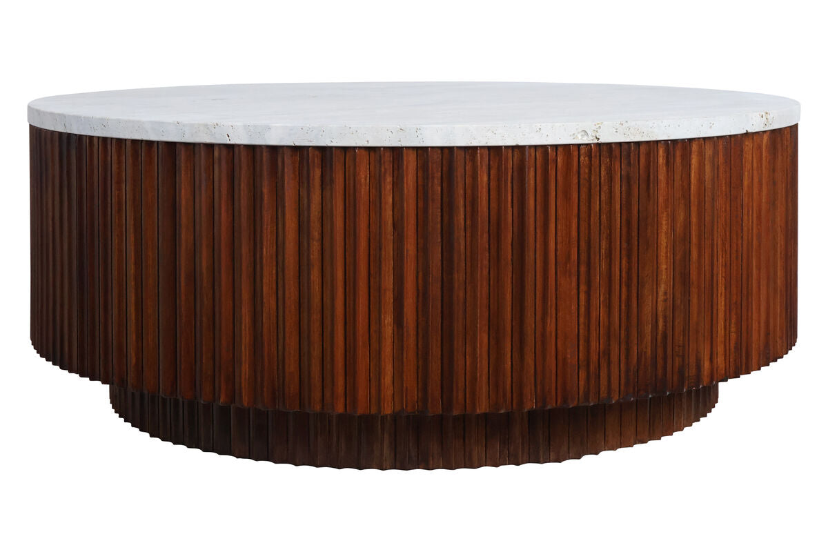 Travertine Top Brown Ridge Mango Wood Base Coffee Table | Molinos