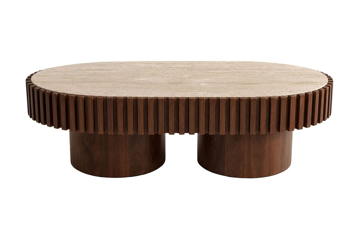 Mango Wood Travertine Top Pillar Legs Oval Coffee Table | Babel
