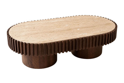 Mango Wood Travertine Top Pillar Legs Oval Coffee Table | Babel