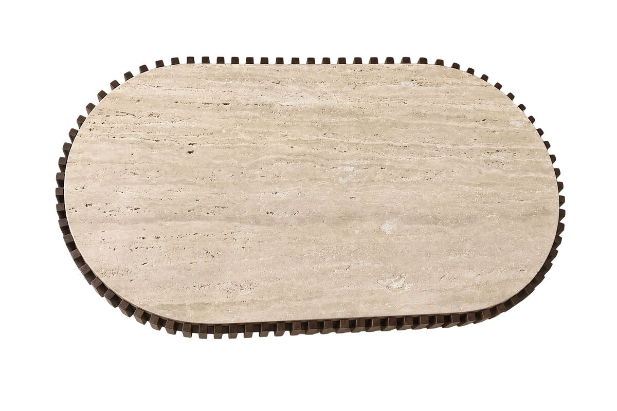 Mango Wood Travertine Top Pillar Legs Oval Coffee Table | Babel