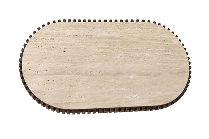 Mango Wood Travertine Top Pillar Legs Oval Coffee Table | Babel