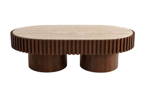 Mango Wood Travertine Top Pillar Legs Oval Coffee Table | Babel