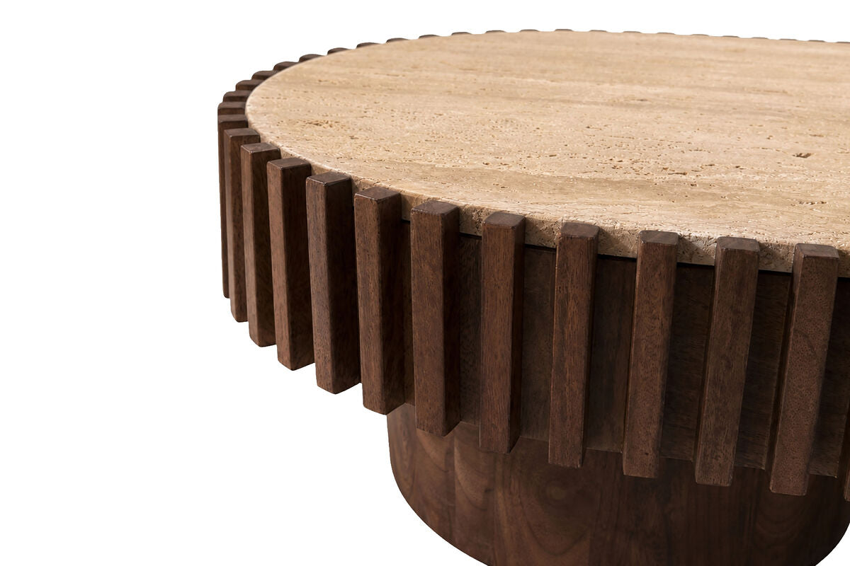Mango Wood Travertine Top Pillar Legs Oval Coffee Table | Babel