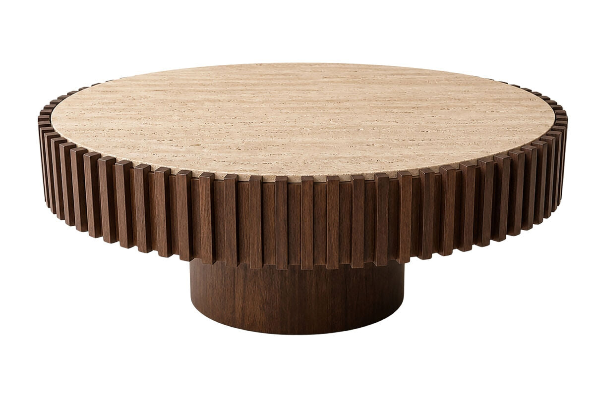 Mango Wood Travertine Top Pillar Leg Round Coffee Table | Babel