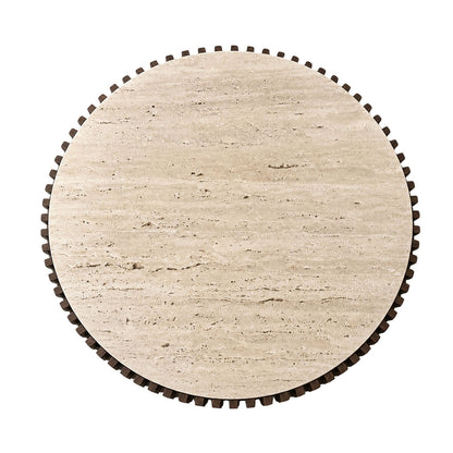 Mango Wood Travertine Top Pillar Leg Round Coffee Table | Babel