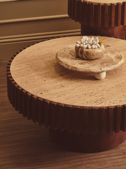 Babel Travertine and Mango Wood Round Coffee Table
