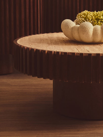 Babel Travertine and Mango Wood Round Coffee Table