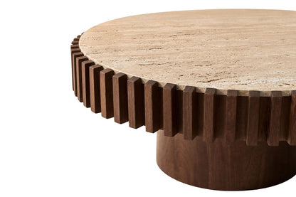 Mango Wood Travertine Top Pillar Leg Round Coffee Table | Babel