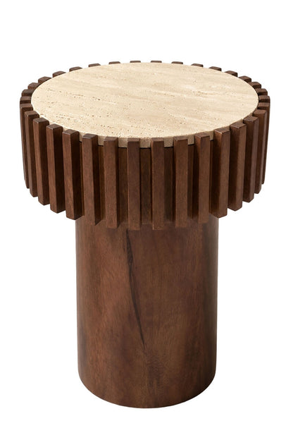 Mango Wood Travertine Top Pillar Leg Round Side Table | Babel