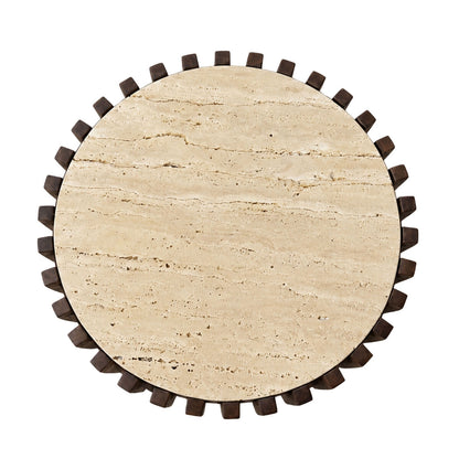 Mango Wood Travertine Top Pillar Leg Round Side Table | Babel