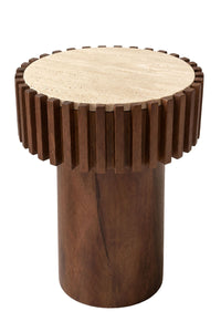 Mango Wood Travertine Top Pillar Leg Round Side Table | Babel