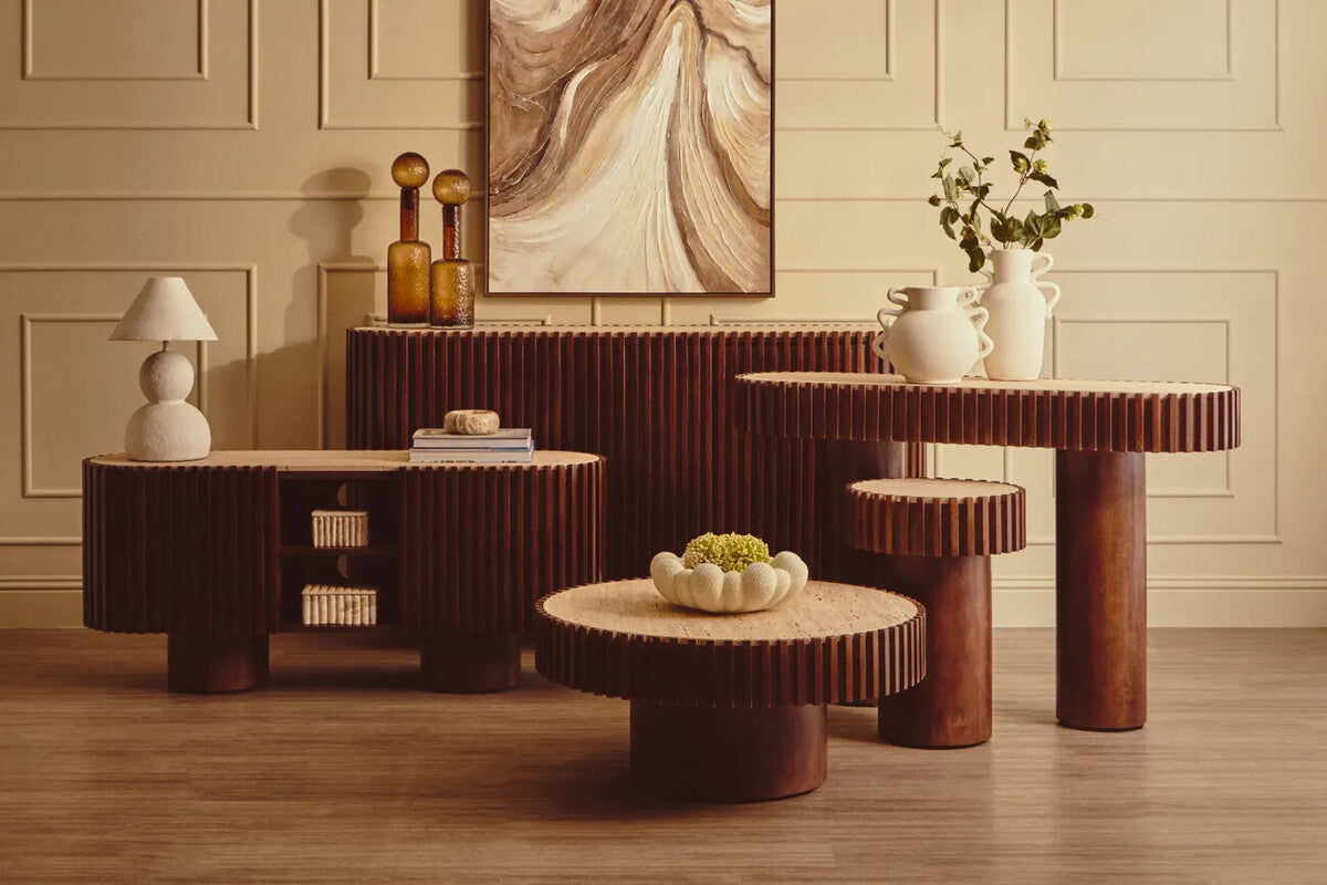 Babel Travertine and Mango Wood Round Side Table