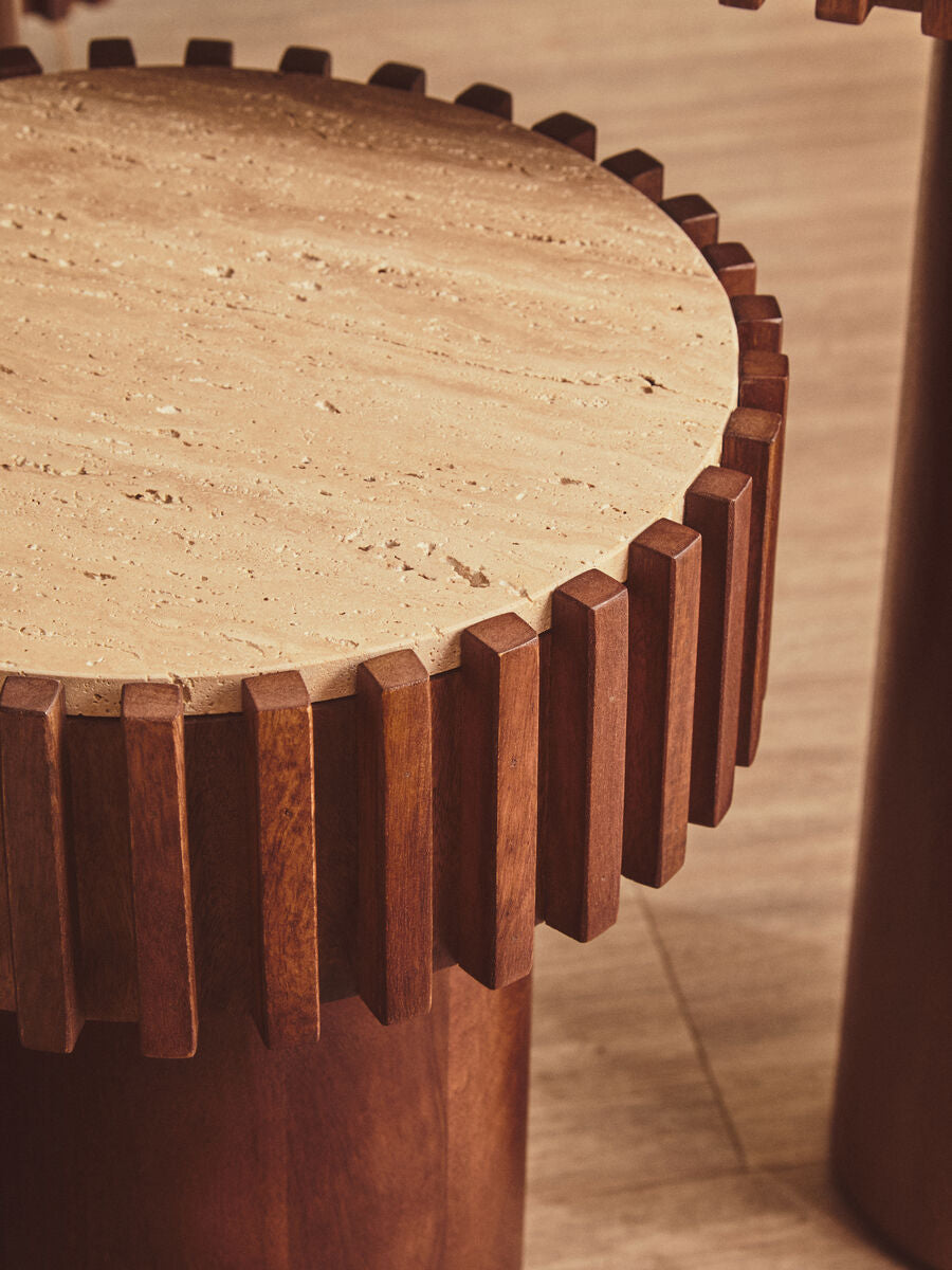 Babel Travertine and Mango Wood Round Side Table