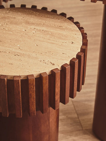 Babel Travertine and Mango Wood Round Side Table