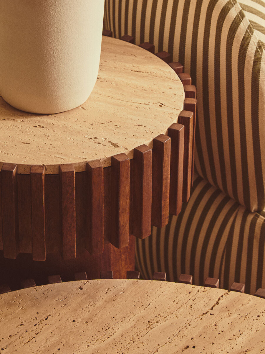 Babel Travertine and Mango Wood Round Side Table