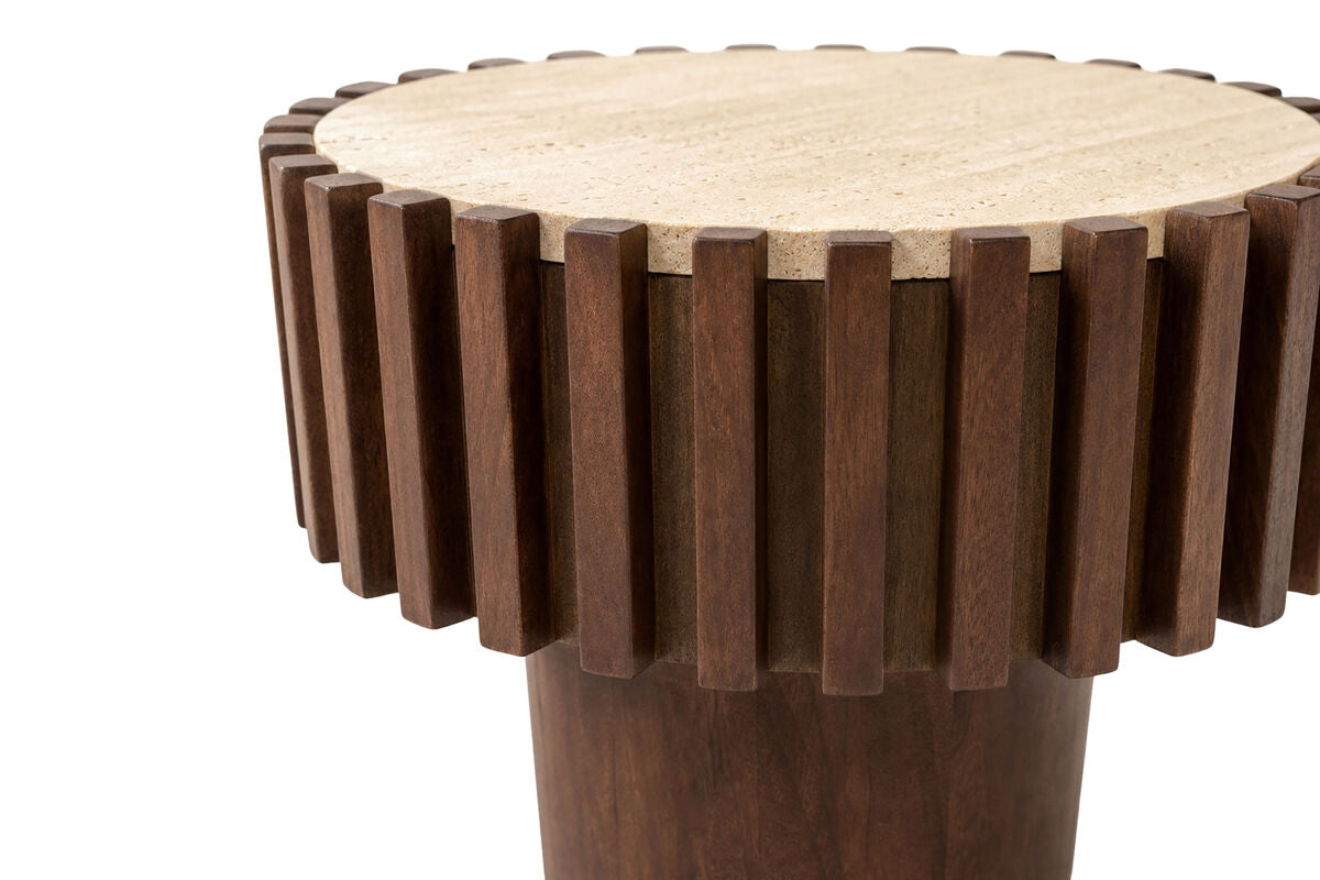 Mango Wood Travertine Top Pillar Leg Round Side Table | Babel
