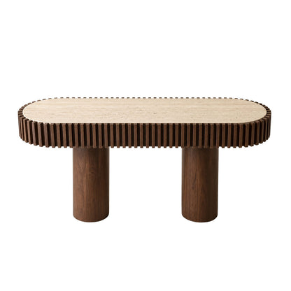 Mango Wood Travertine Top Pillar Legs Console Table | Babel