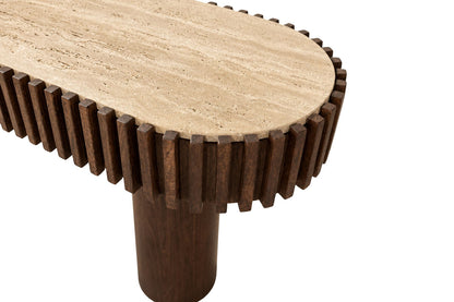 Mango Wood Travertine Top Pillar Legs Console Table | Babel