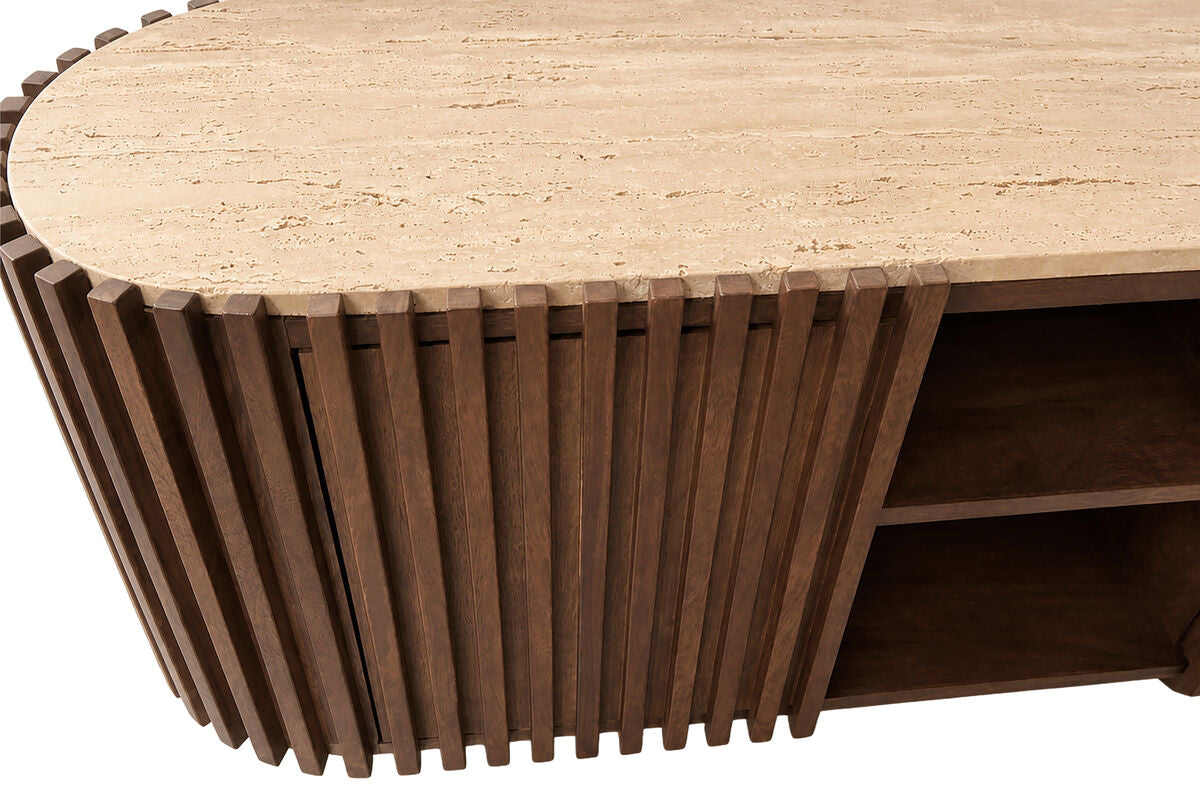 Mango Wood Travertine Top Curved Media Unit | Babel