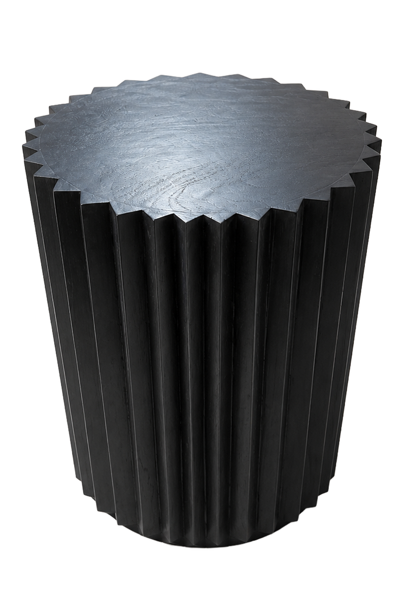 Barto Black Finish Mango Wood Ridged Side Table and Stool