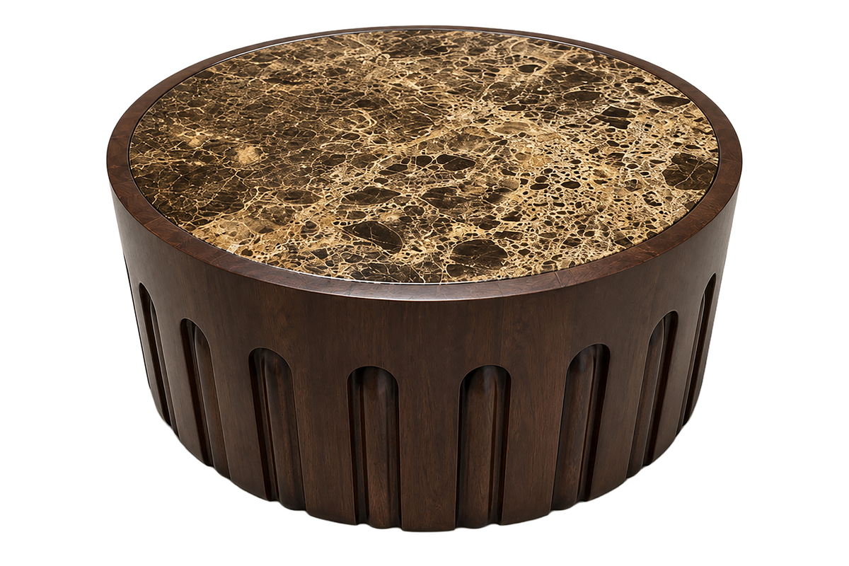 Round Marble Top Mango Wood Carve Detail Coffee Table | Barola