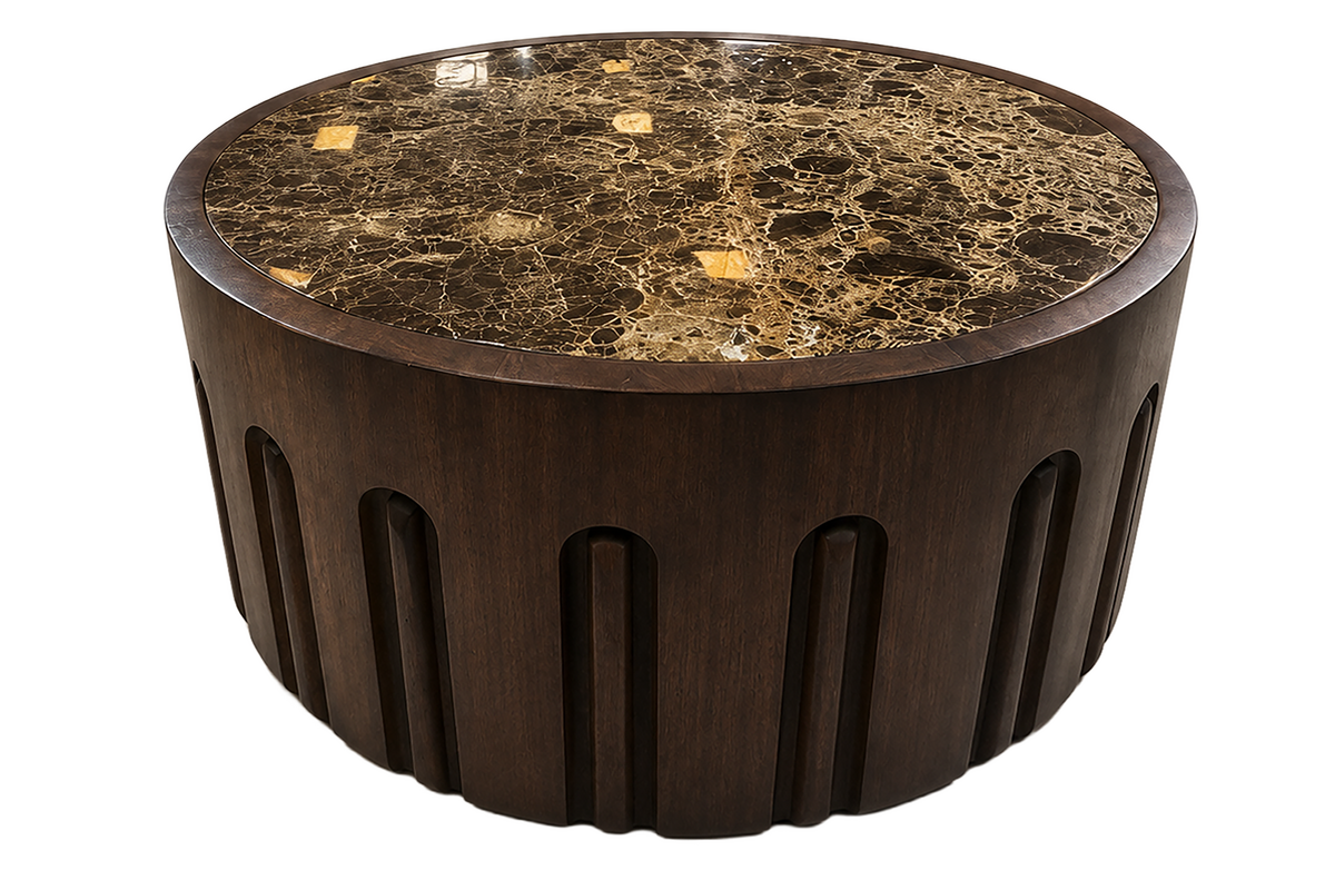 Round Marble Top Mango Wood Carve Detail Coffee Table | Barola