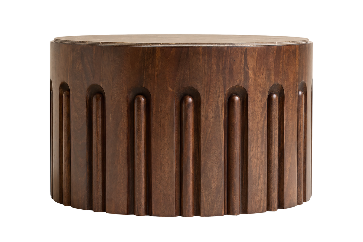 Round Marble Top Mango Wood Carve Detail Coffee Table | Barola