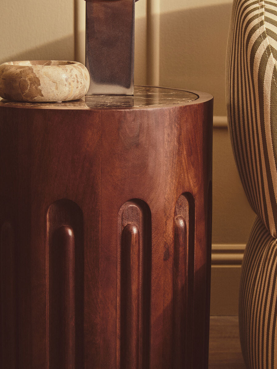 Barola Brown Marble and Dark Mango Wood Side Table