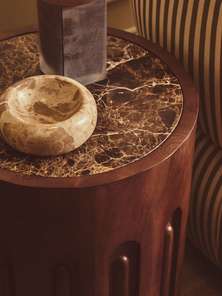 Barola Brown Marble and Dark Mango Wood Side Table