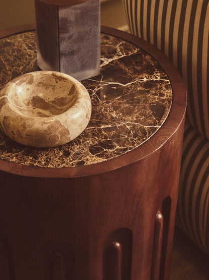 Barola Brown Marble and Dark Mango Wood Side Table