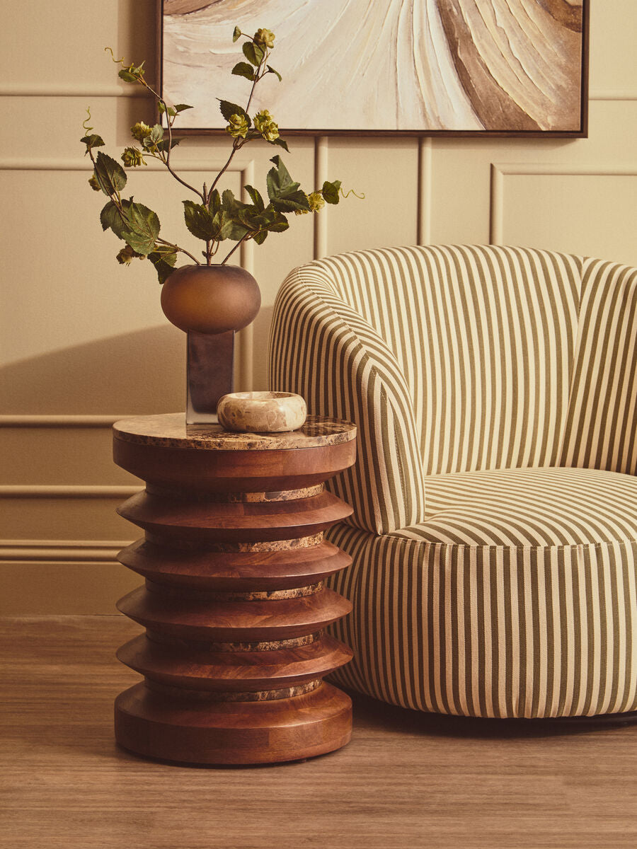 Barola Brown Marble and Mango Wood Round Side Table
