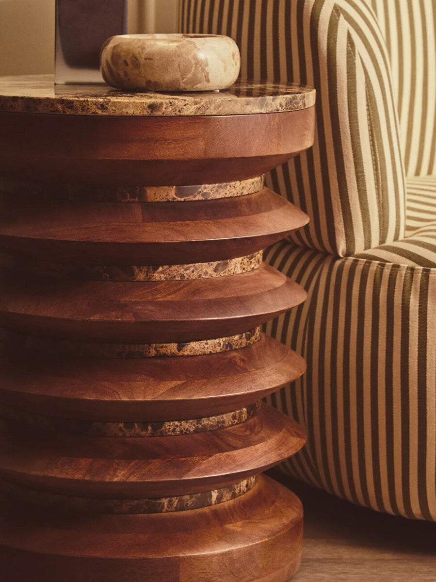 Barola Brown Marble and Mango Wood Round Side Table