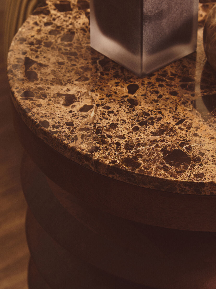 Barola Brown Marble and Mango Wood Round Side Table