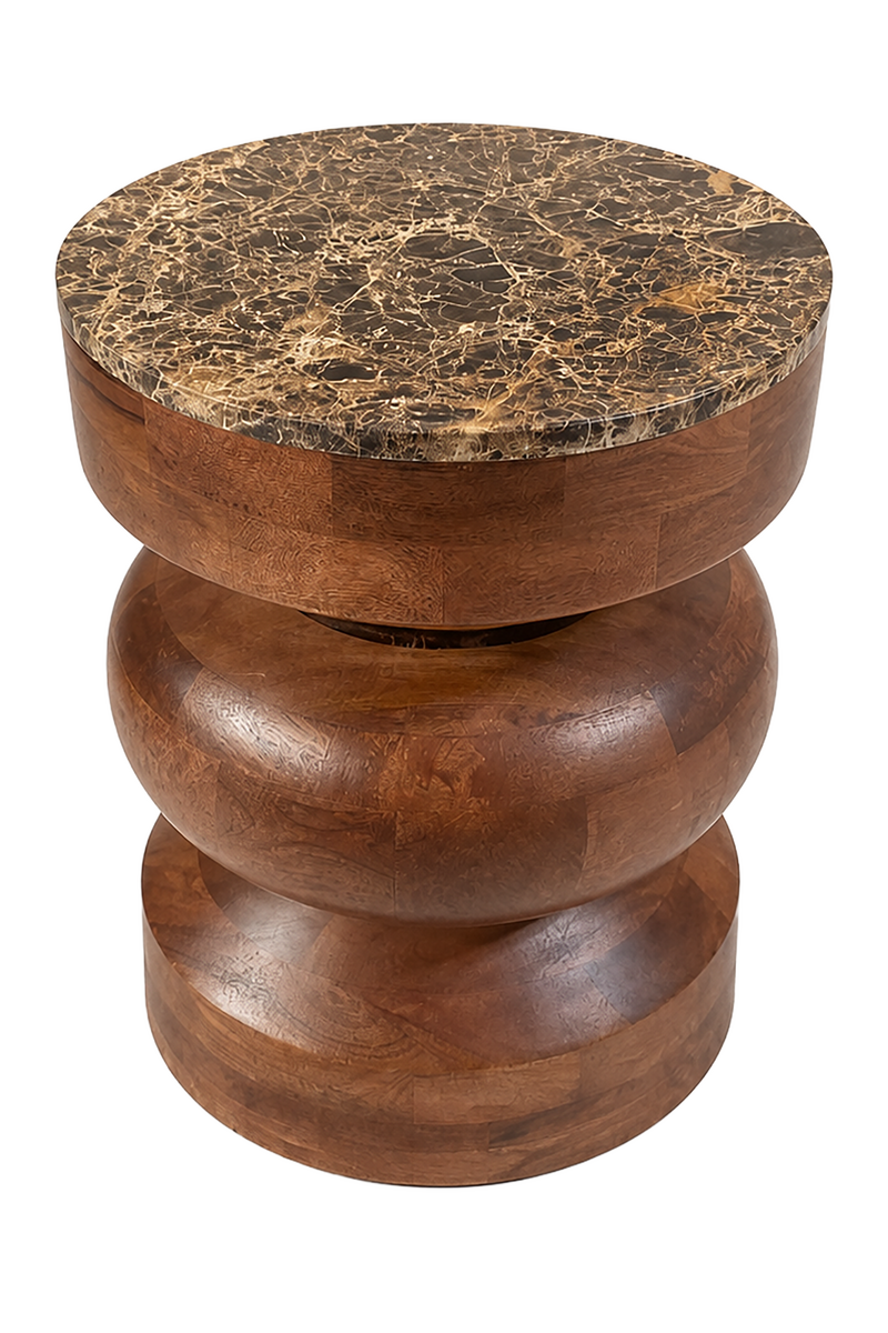 Barola Brown Marble and Mango Wood Round Tiered Side Table