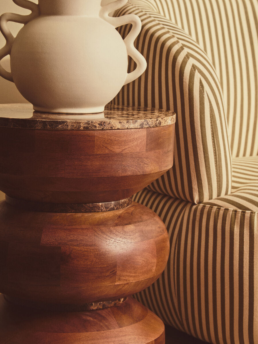 Barola Brown Marble and Mango Wood Round Tiered Side Table