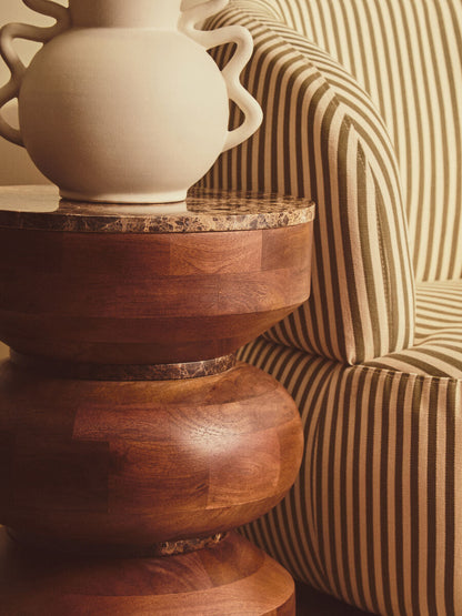 Barola Brown Marble and Mango Wood Round Tiered Side Table